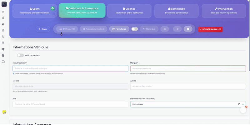Démonstration logiciel bris de glace - Création dossier bris de glace automatique - Interface Onify Glass